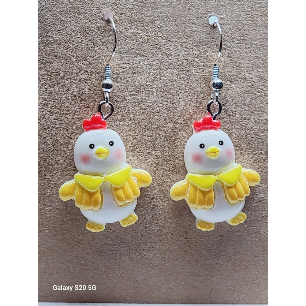 Handmade Chicken Hen Drop Earrings White Yellow‎ Red Resin Farm Animal Dangle